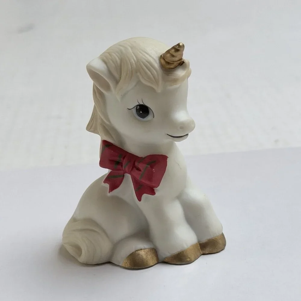 Christmas Ceramic Unicorn Figurine Bow Present Gift Holiday Decor